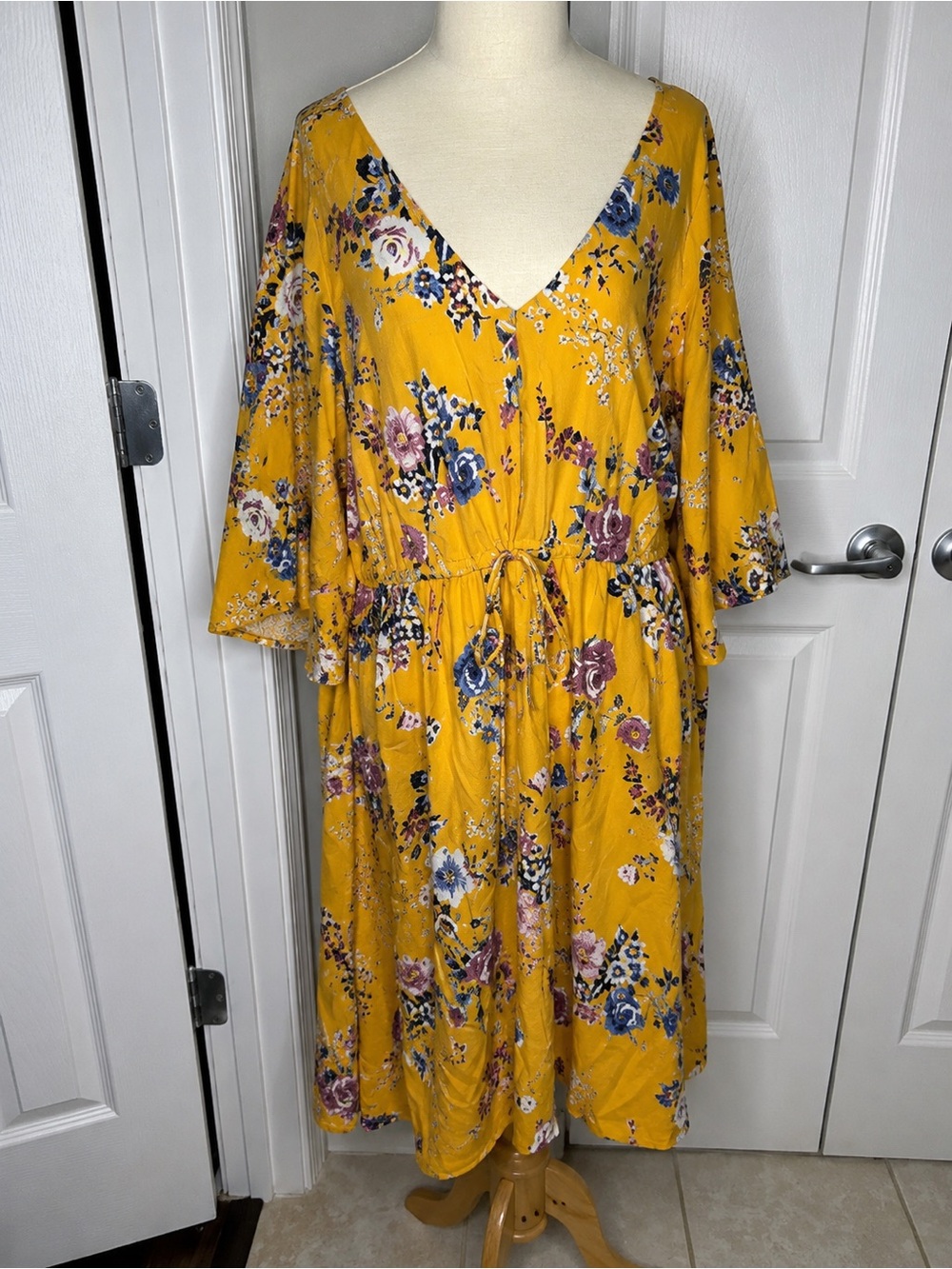torrid Mustard Floral V-Neck Midi Dress with Bell Sleeves